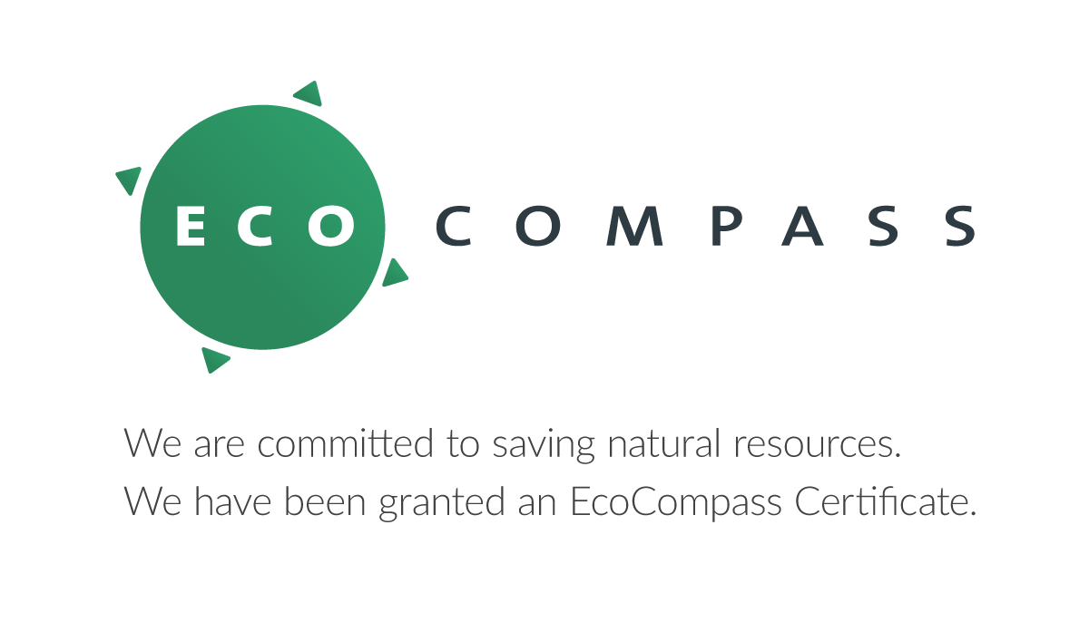 EcoCompass logo with text: We are committed to saving natural resources. We have been awarded the EcoCompass certificate.