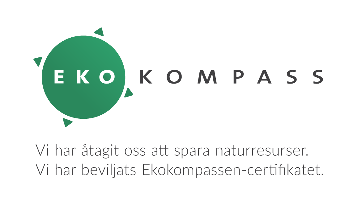 Logotyp för Ekokompass med text: Vi har förbundit oss att spara på naturens resurser. Vi har beviljats Ekokompass-certifikatet.