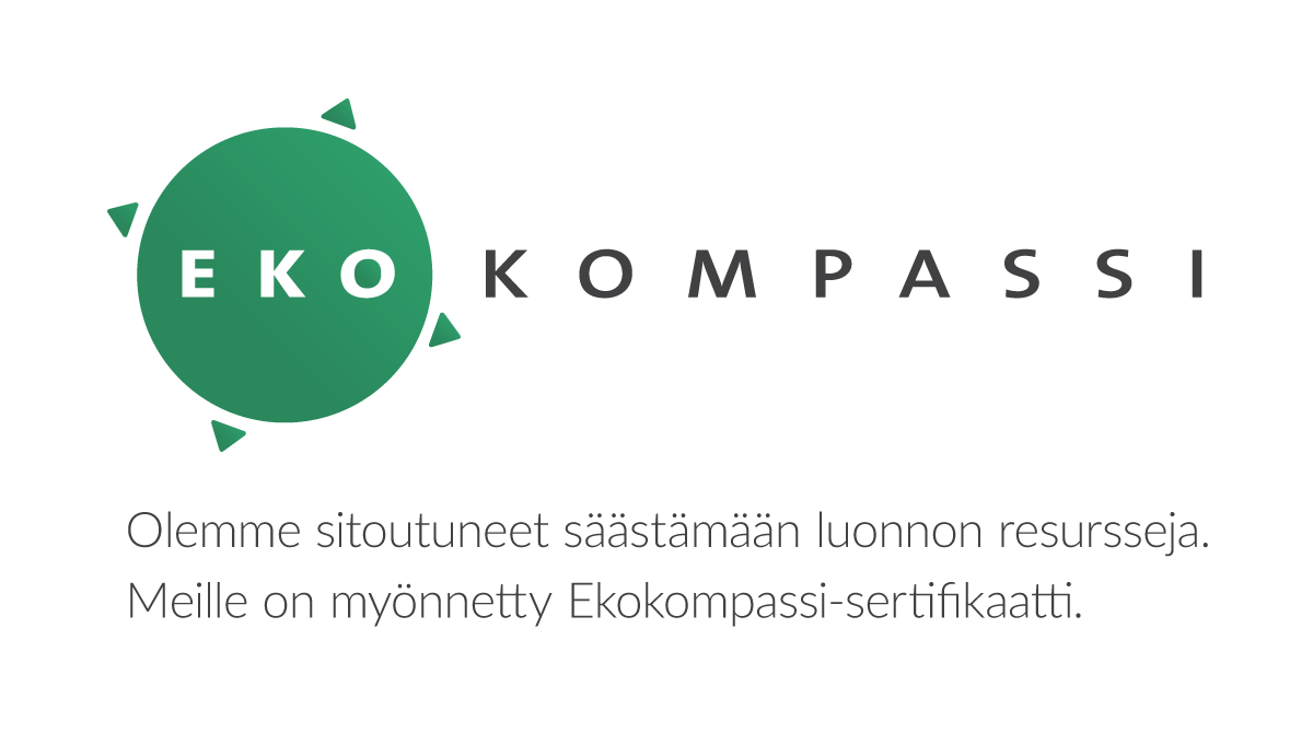 Ekokompassin logo tekstillä: Olemme sitoutuneet säästämään luonnon resursseja. Meille on myönnetty Ekokompassi-sertifikaatti.