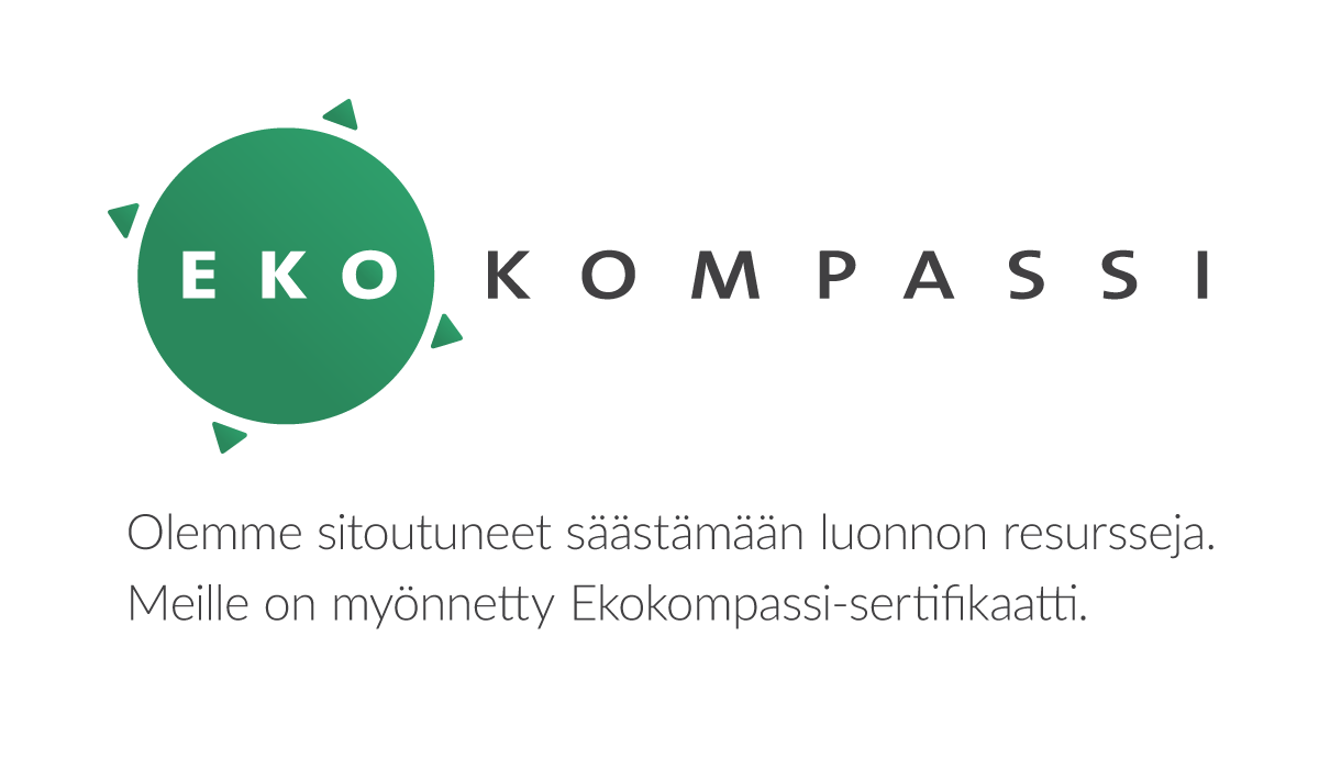 Ekokompassin logo, jossa lukee: "Olemme sitoutuneet säästämään luonnon resursseja. Meille on myönnetty Ekokokmpassi-sertifikaatti."