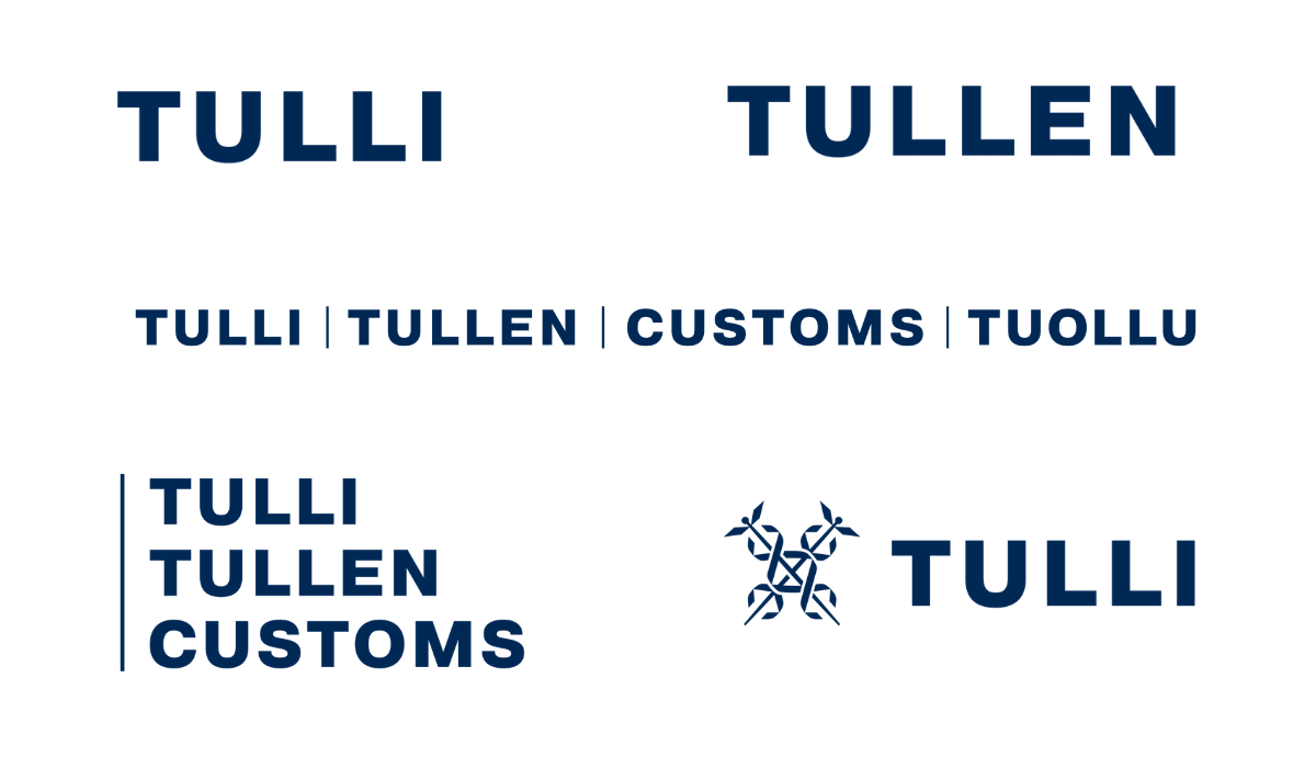 Bild av Tullens nya logo i olika versioner, bl.a. på finska, svenska och flerspråkig version.