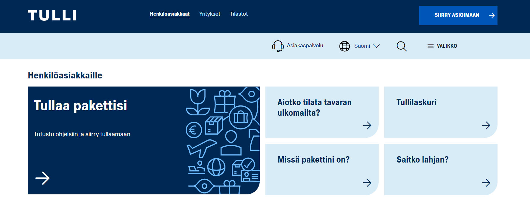 Kuvakaappaus Tullin uudistetun verkkosivuston etusivun yläosasta desktop-näkymässä.