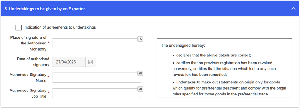 System field with the exporter’s undertakings.&nbsp;