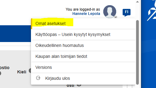 Omat asetukset-valikko