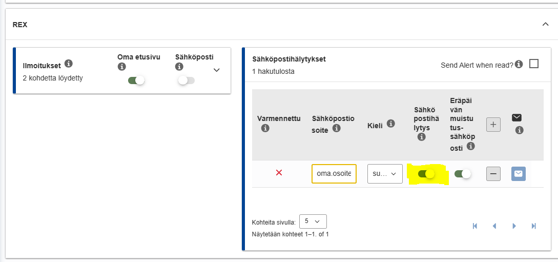 Sähköpostiosoitekentän aktivointi-valikko