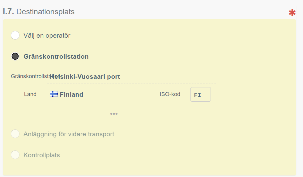 Fält där man anger destinationsplats.