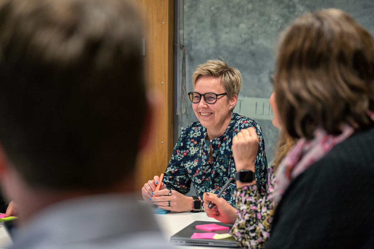 Useita henkilöitä kokoushuoneessa istumassa pöydän ääressä. Keskellä nainen hymyilee.