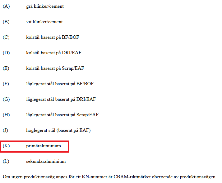 Lista över bokstäver som identifierar produktionsvägar i början av bilaga I till genomförandeförordningen om standardiserade värden.