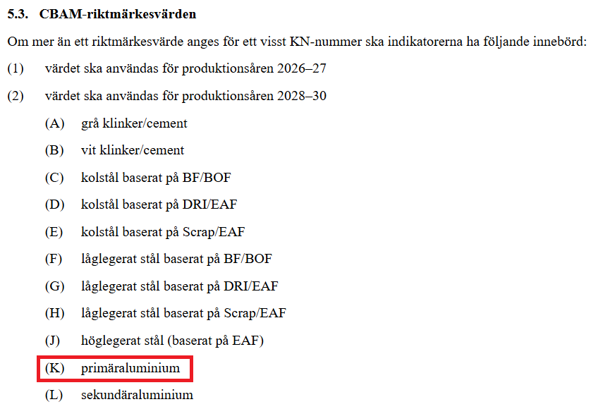 Förklaringar för val av riktmärkesvärde som finns i början av punkt 5.3 i bilagan till genomförandeförordningen om beräkning av antalet CBAM-certifikat.
