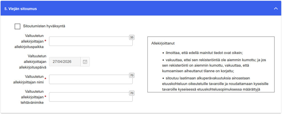 Viejän sitoumuksen kohta palvelussa. 