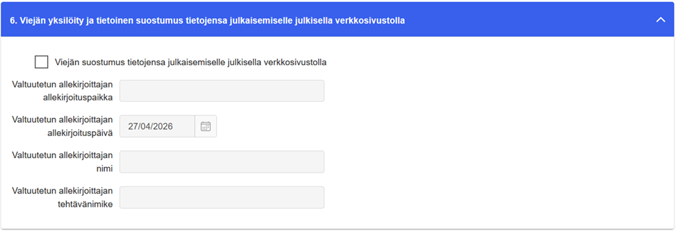 Viejän suostumuksen kohta palvelussa. 
