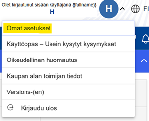 Käyttäjäkuvakkeesta avautuva valikko palvelussa. 
