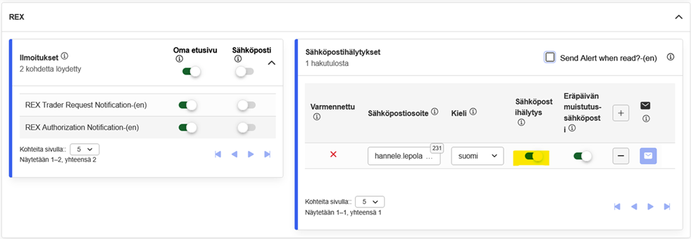 Sähköpostiasetuksien kohta palvelussa. 