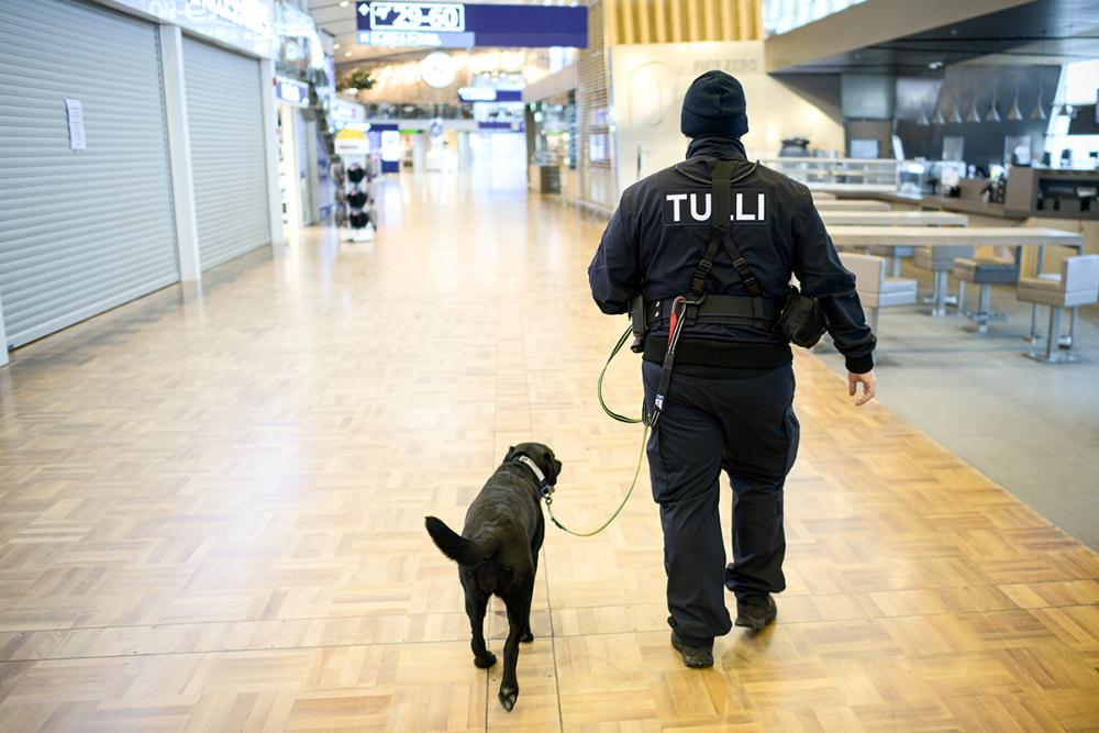 Tullin työntekijä ja tullikoira kävelevät Helsinki-Vantaan lentokentällä.