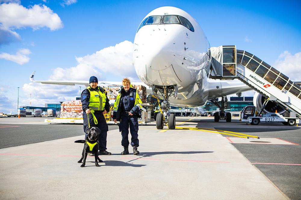 Tullin nais- ja miestyöntekijä seisovat tullikoiran kanssa lentokentällä lastattavan lentokoneen edessä.