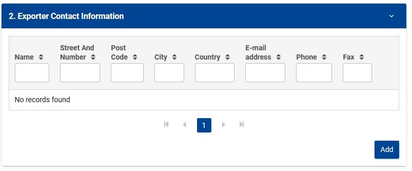 The exporter contact information fields in the request.