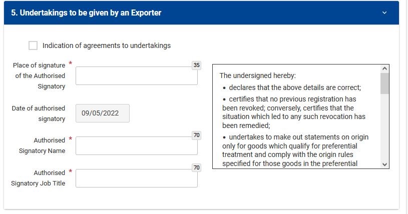 The section Undertakings to be given by an Exporter in the request.