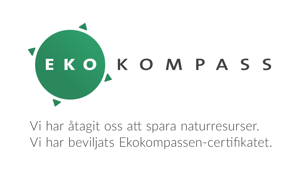 Ekokompassens logo med beskrivningen att vi fått Ekokompass-certifikatet.