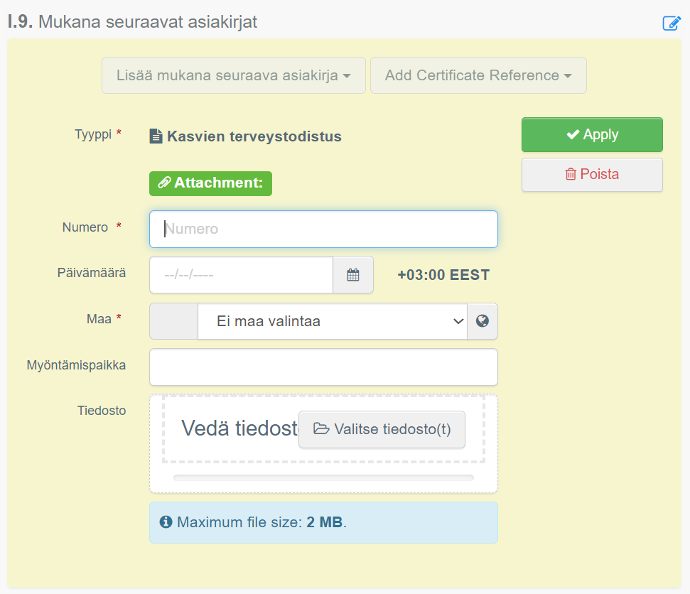 Mukana seuraavat asiakirjat -valikko