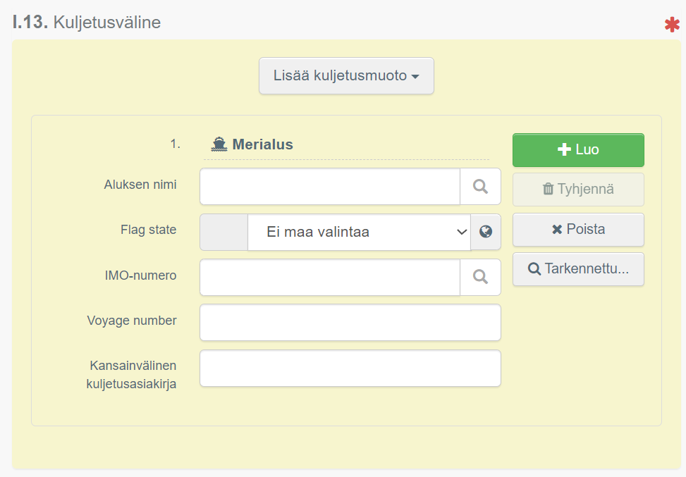 Lisää kuljetusmuoto -alasvetovalikko