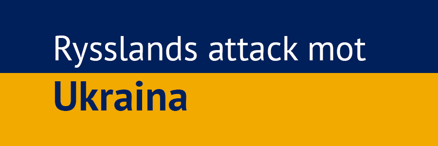Texten 'Rysslands attack mot Ukraina' mot blågul bakgrund.