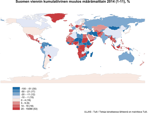 Kartta, Suomen viennin kumulatiivinen muutos määrämaittain 2014(1-11), %