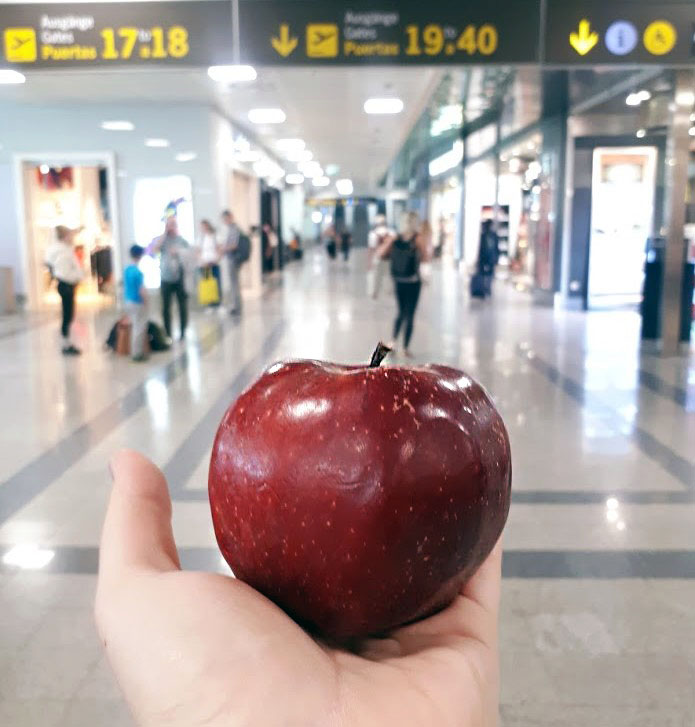 Punainen omena kädenpäällä lentokentällä.