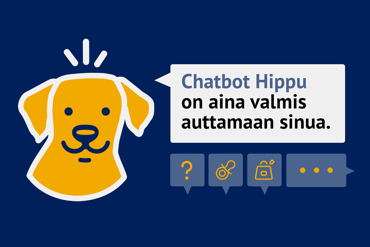 Graafinen kuva keltaisesta koirasta. Puhekuplassa lukee: "Chatbot Hippu on aina valmis auttamaan sinua.”